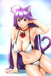  ahoge animal_ears arm_support armpits asobi_ni_iku_yo! bell bikini breasts cat_ears cleavage kuune large_breasts long_hair navel purple_eyes purple_hair smile solo swimsuit ueyama_michirou very_long_hair 