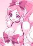  :d bangs blush bow bowtie breasts bursting_breasts choker cleavage cure_blossom dress hair_bow hanasaki_tsubomi heartcatch_precure! high_ponytail huge_breasts large_bow long_hair magaki_ryouta magical_girl monochrome open_mouth parted_bangs pink pink_bow ponytail precure smile solo 