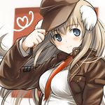  adjusting_clothes adjusting_hat animal_ears blue_eyes blush breasts brown_hair hat jacket large_breasts leather leather_jacket long_hair smile solo tsuchii_(ramakifrau) wilma_bishop world_witches_series 