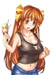  :o bad_id bad_pixiv_id breasts brown_eyes cleavage denim denim_shorts food hair_ribbon ice_cream ice_cream_cone long_hair medium_breasts navel open_mouth orange_hair original ribbon shorts solo suoni_(deeperocean) 