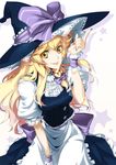  apron blonde_hair braid buttons embellished_costume frills hat hong_(white_spider) kirisame_marisa lace long_hair nail_polish purple_nails smile solo touhou waist_apron witch_hat wrist_cuffs yellow_eyes 