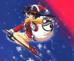  90s absurdres artist_request brown_hair christmas flying hat headphones highres holiday long_sleeves mamono_hunter_youko mano_youko sack santa_costume santa_hat scarf solo star sword weapon 