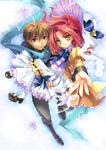  1girl brown_eyes brown_hair carrying copyright_request couple hands hetero long_hair mouth_hold open_mouth red_hair riv scarf short_hair smile yellow_eyes 