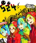  aqua_eyes aqua_hair clone gloves green_eyes green_hair gumi hatsune_miku headphones hood hoodie long_hair matryoshka_(vocaloid) multicolored multicolored_eyes multiple_girls red_eyes short_hair vocaloid 