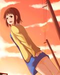  arms_behind_back blush brown_eyes brown_hair kisen_shijima open_mouth short_hair sleeves_past_wrists smile solo sweater takanashi_nazuna working!! 