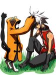  black_pants blazblue cat jubei_(blazblue) male_focus multiple_boys pants petting ragna_the_bloodedge sitting tail white_hair younger 