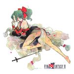  ass barefoot bow bracelet bridal_gauntlets copyright_name earrings feet final_fantasy final_fantasy_vi finger_in_mouth graphite_(medium) green_hair hair_bow jewelry legs little_thunder logo necklace pantyhose ponytail soles solo sword tina_branford toes traditional_media watercolor_(medium) weapon 