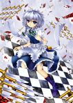  blue_eyes boots braid card checkered cloudy.r falling_card highres izayoi_sakuya knife maid maid_headdress short_hair silver_hair solo touhou twin_braids 