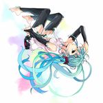  aqua_eyes aqua_hair bad_id bad_pixiv_id barefoot bridal_gauntlets feet hands hatsune_miku hatsune_miku_(append) kno1 long_hair necktie solo thighhighs twintails upside-down very_long_hair vocaloid vocaloid_append 