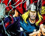  azuki_osamitsu blonde_hair cape electricity hammer helmet long_hair male_focus manly marvel open_mouth solo thor_(marvel) weapon 