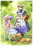 ahoge apple basket blonde_hair blue_eyes brown_hair cake chair creamer_(vessel) cup dog drinking food fruit glasses grass hat leaf maid maid_headdress multiple_girls original outdoors riv sandwich short_hair sitting slice_of_cake standing sunlight table tablecloth teacup tiered_tray tree 