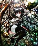  abstract ass asymmetrical_wings bad_id bad_pixiv_id black_hair bow eyes highres houjuu_nue koohee looking_at_viewer mary_janes pale_skin polearm red_eyes shoes short_hair snake solo thighhighs touhou trident ufo weapon wings zettai_ryouiki 