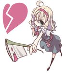  ahoge alice_margatroid axe blonde_hair blood broken_heart cleaver dress foreshortening green_eyes hairband heart monomi no_nose one_eye_closed short_hair simple_background solo thumb_sucking touhou weapon yandere 