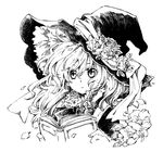  arata_iri book expressionless flower greyscale hat kirisame_marisa long_hair monochrome solo touhou witch_hat 