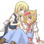  :d alice_margatroid animal_ears apron biting blonde_hair blush cat_ears ear_biting frills holding_hands kemonomimi_mode kirisame_marisa multiple_girls natsuk no_hat no_headwear one_eye_closed open_mouth smile touhou waist_apron 