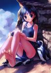  1girl absurdres barefoot bird cloud copyright_request feet flat_chest foreshortening highres one-piece_swimsuit penguin rock school_swimsuit sitting sky soles solo swimsuit takoyaki_(roast) toes 