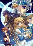  3boys blonde_hair blue_eyes boris_jinneman braid flower long_hair lucian_kaltz mila_nebraska moon multiple_boys multiple_girls navel nayatrei night night_sky orange_hair purple_eyes purple_hair riv short_hair silver_hair sky sword tales_weaver tichiel_juspian twin_braids weapon wings yellow_eyes 