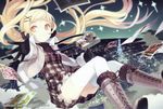  absurdres ahoge blonde_hair boots camera city cityscape dress eiffel_tower falling gloves h2so4 hair_ornament hairclip highres jacket landmark long_hair night open_mouth original scan skirt solo thighhighs twintails very_long_hair white_legwear yellow_eyes 