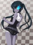  ass black_rock_shooter black_rock_shooter_(character) black_rock_shooter_(character)_(cosplay) casual_one-piece_swimsuit cosplay hayashiya_zankurou k-on! long_hair look-alike looking_back monochrome nakano_azusa one-piece_swimsuit one-piece_tan parody solo spot_color swimsuit tan tanline twintails 