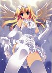  blonde_hair copyright_request elbow_gloves gloves hair_ribbon highres long_hair no_panties outstretched_arm outstretched_hand reaching ribbon solo suzuhira_hiro thighhighs wings 