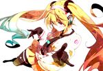  gloves gradient_hair hatsune_miku headphones long_hair multicolored_hair necktie pink_eyes pointing shuri_(84k) skirt solo thighhighs twintails very_long_hair vocaloid 