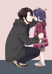  1girl bad_id bad_pixiv_id beard facial_hair family father_and_daughter half_updo higebu inazuma_eleven inazuma_eleven_(series) kudou_fuyuka kudou_michiya long_hair petting purple_hair shoes sneakers younger 