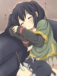  bad_id bad_pixiv_id black_hair blush cat cat_teaser closed_eyes couch k-on! kuromoto long_sleeves nakano_azusa skirt sleeping solo twintails 