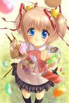  blonde_hair blue_eyes bow candy chocolate cookie food hashimo_kikuri highres jelly_bean kamikita_komari little_busters! pink_bow plaid plaid_skirt pocky school_uniform skirt solo twintails 