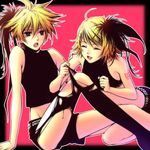  1girl bad_id bad_pixiv_id belt blonde_hair blue_eyes brother_and_sister hair_ornament hair_ribbon hairclip jiko_ken'o_(vocaloid) kagamine_len kagamine_rin kayu legwear_under_shorts midriff navel otoko_no_ko pantyhose ribbon ripping short_hair shorts siblings smile studded_belt tearing_clothes torn_clothes torn_legwear twins vocaloid 