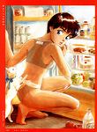  back barefoot blue_eyes border bra brown_hair cat feet food grey_bra grey_panties highres izumi_noa kidou_keisatsu_patlabor lingerie looking_back panties red_border refrigerator short_hair soles solo squatting takada_akemi toes underwear underwear_only 