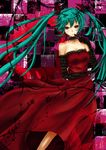  aqua_hair bad_id bad_pixiv_id bare_shoulders choker dress elbow_gloves gloves hatsune_miku long_hair red_dress red_eyes smile solo twintails vocaloid yutaro5313 