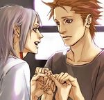  :d brown_hair closed_mouth collarbone expressionless holding juugo_(naruto) kaguya_kimimaro lily_(artist) lowres male_focus multiple_boys naruto_(series) naruto_shippuuden open_mouth shirt silver_hair smile spiked_hair t-shirt window yaoi 