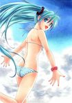  ass bad_id bad_pixiv_id bikini butt_crack cloud day flat_ass green_eyes green_hair hatsune_miku long_hair looking_back open_mouth smile solo striped striped_bikini swimsuit traditional_media trimcolor twintails vocaloid wristband 