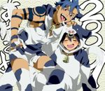  2boys animal_ears animal_print bell blue_hair blush chinese chinese_new_year chinese_zodiac cow cow_print formal gloves horns kamina male_focus matsukaze_yukiji multiple_boys new_year red_eyes shorts simon suit tail tengen_toppa_gurren_lagann thighhighs tongue year_of_the_ox 