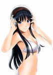  akg akiyama_mio bangs bikini black_hair blunt_bangs breasts cleavage face headphones k-on! kishida-shiki long_hair looking_at_viewer medium_breasts smile solo swimsuit white_bikini 