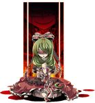  bdsm blindfold bondage bound bound_wrists front_ponytail fruit_punch green_hair kagiyama_hina red_blindfold ribbon solo touhou 