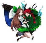  :d amaya_enaka animal_ears bad_id bad_pixiv_id black_wings bow braid brown_hair cape cat_ears cat_tail elbow_gloves extra_ears floating_skull gloves green_bow hair_bow highres hug kaenbyou_rin leaf_print leg_ribbon long_hair multiple_girls multiple_tails open_mouth outstretched_hand red_eyes red_hair reiuji_utsuho ribbon single_elbow_glove single_glove smile tail touhou twin_braids twintails wings 
