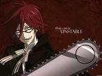  artist_request chainsaw english glasses grell_sutcliff highres kuroshitsuji long_hair male_focus red_hair solo source_request wallpaper yellow_eyes 