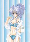  absurdres blue_hair breasts brushing_teeth cleavage copyright_request glasses highres large_breasts lingerie navel open_clothes open_shirt purple_eyes ramiya_ryou scan shirt sleeves_rolled_up solo underwear 