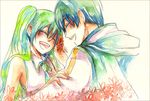  1girl aqua_hair bad_id bad_pixiv_id blue_hair colorful green_hair hatsune_miku kaito laughing long_hair miyuki_(aoisan) multicolored_hair necktie scarf short_hair smile traditional_media twintails vocaloid watercolor_(medium) 