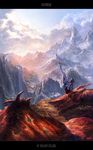  bad_id bad_pixiv_id blood death dragon english fantasy highres landscape male_focus mountain mstk original scenery solo sunrise sword water waterfall weapon wings 
