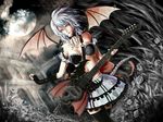  bat_wings bow breasts chain cleavage cross fingerless_gloves gloves gothic guitar instrument medium_breasts moon original red_eyes saku silver_hair skirt solo thighhighs wings zettai_ryouiki 