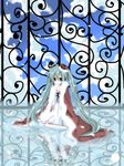  aqua_eyes aqua_hair coat crown dress hatsune_miku highres kurage_(piapro) long_hair petals reflection sky solo twintails very_long_hair vocaloid water white_dress 