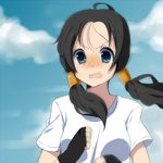  ahoge bad_id bad_pixiv_id black_hair blue_eyes blush cloud day dragon_ball dragon_ball_z fingerless_gloves gloves open_mouth sky solo surprised twintails videl yuzuha_(artist) 