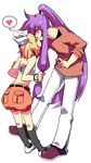  1girl age_difference blonde_hair bow couple dpzkzl hair_pull heart height_difference hetero kagamine_rin kamui_gakupo kiss long_hair midriff ponytail purple_hair short_hair shorts simple_background socks vocaloid 