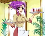  ankoku_tiger apron brown_eyes drink food mermaid_melody_pichi_pichi_pitch nikora official_style ponytail purple_hair sandwich short_hair solo tray waist_apron waitress 