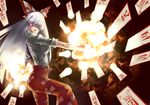  bad_id bad_pixiv_id bow churayuki crazy_eyes danmaku explosion fire fujiwara_no_mokou grin hair_bow long_hair ofuda red_eyes silver_hair smile solo suspenders touhou 