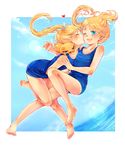  ashi_ho_(mm2) bad_id bad_pixiv_id barefoot blonde_hair blue_eyes cheek_kiss copyright_request elf feet flat_chest highres kiss multiple_girls one-piece_swimsuit pointy_ears ponytail school_swimsuit smile swimsuit 