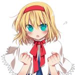  alice_margatroid blonde_hair blue_eyes blush capelet clenched_hands fang frown hairband manle short_hair solo touhou white_capelet 