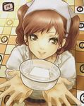  bad_id bad_pixiv_id bowl brown_eyes brown_hair earrings food foreshortening from_above hands head_scarf jewelry kappougi kujikawa_rise persona persona_4 smile solo tofu twintails y-chan 